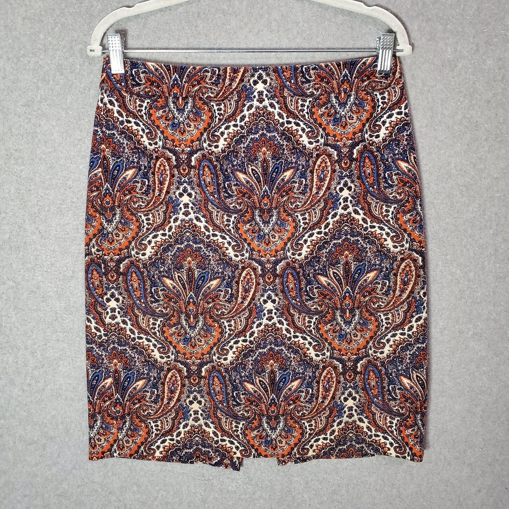 J Crew Women Skirt 4 Orange‎ Paisley Straight Pencil Slit Hem